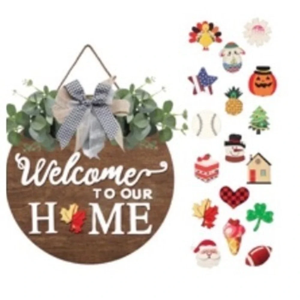 Interchangeable Welcome To Our Home Sign 12in Round Wood Farmhouse Door Decor